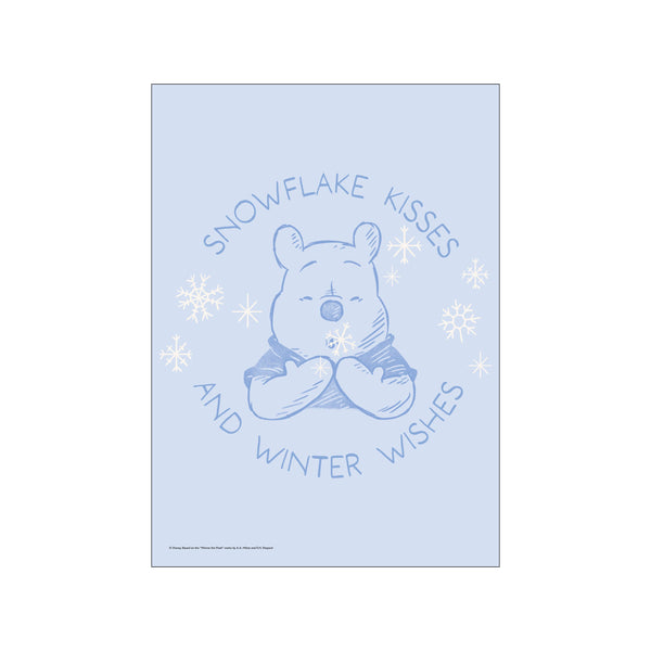A sweet illustration of Winnie the Pooh with his eyes closed, surrounded by delicate snowflakes and the words 'Snowflake Kisses and Winter Wishes' in soft blue tones, creating a serene and heartwarming winter scene.