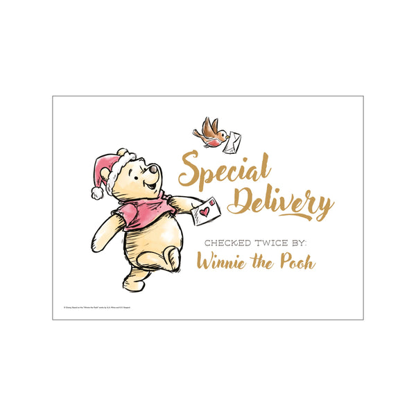 A watercolor illustration of Winnie the Pooh wearing a Santa hat and holding an envelope, with a small bird delivering mail. The artwork has a charming, whimsical vibe and uses a soft, warm color palette.