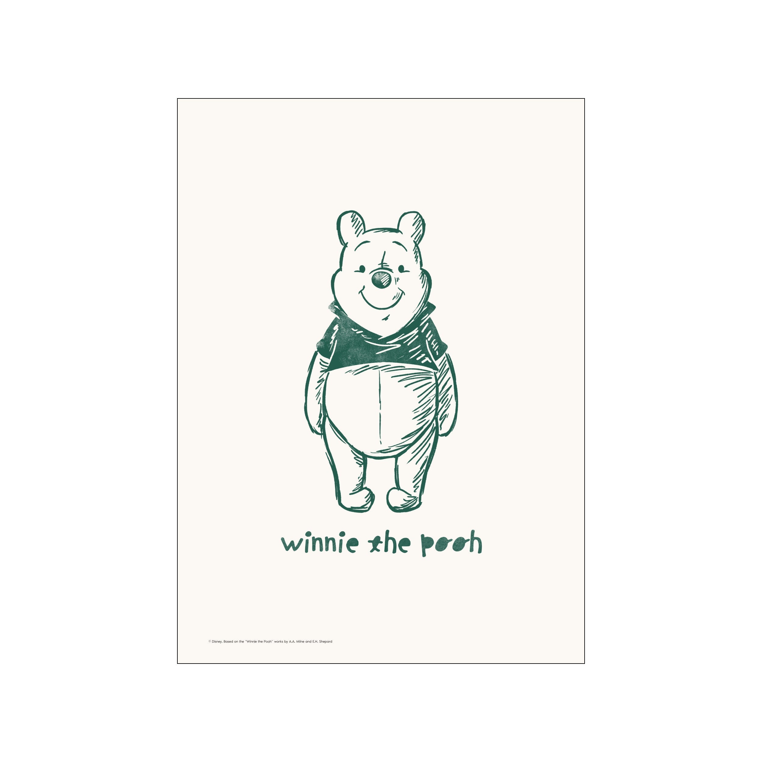 A whimsical sketch of Winnie the Pooh standing and smiling, rendered in a deep green ink on a textured cream background. The artwork has a nostalgic and joyful feel, perfect for adding a touch of.