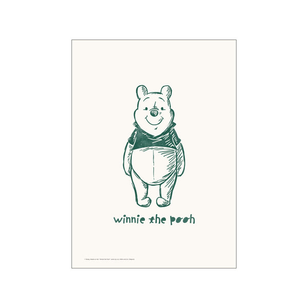 A whimsical sketch of Winnie the Pooh standing and smiling, rendered in a deep green ink on a textured cream background. The artwork has a nostalgic and joyful feel, perfect for adding a touch of.