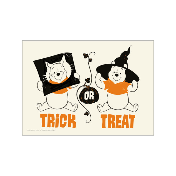 Winnie the Pooh and Piglet dressed for Halloween, holding a pumpkin and a spooky mask, with the words 'Trick or Treat' in bold orange lettering against a cream background.