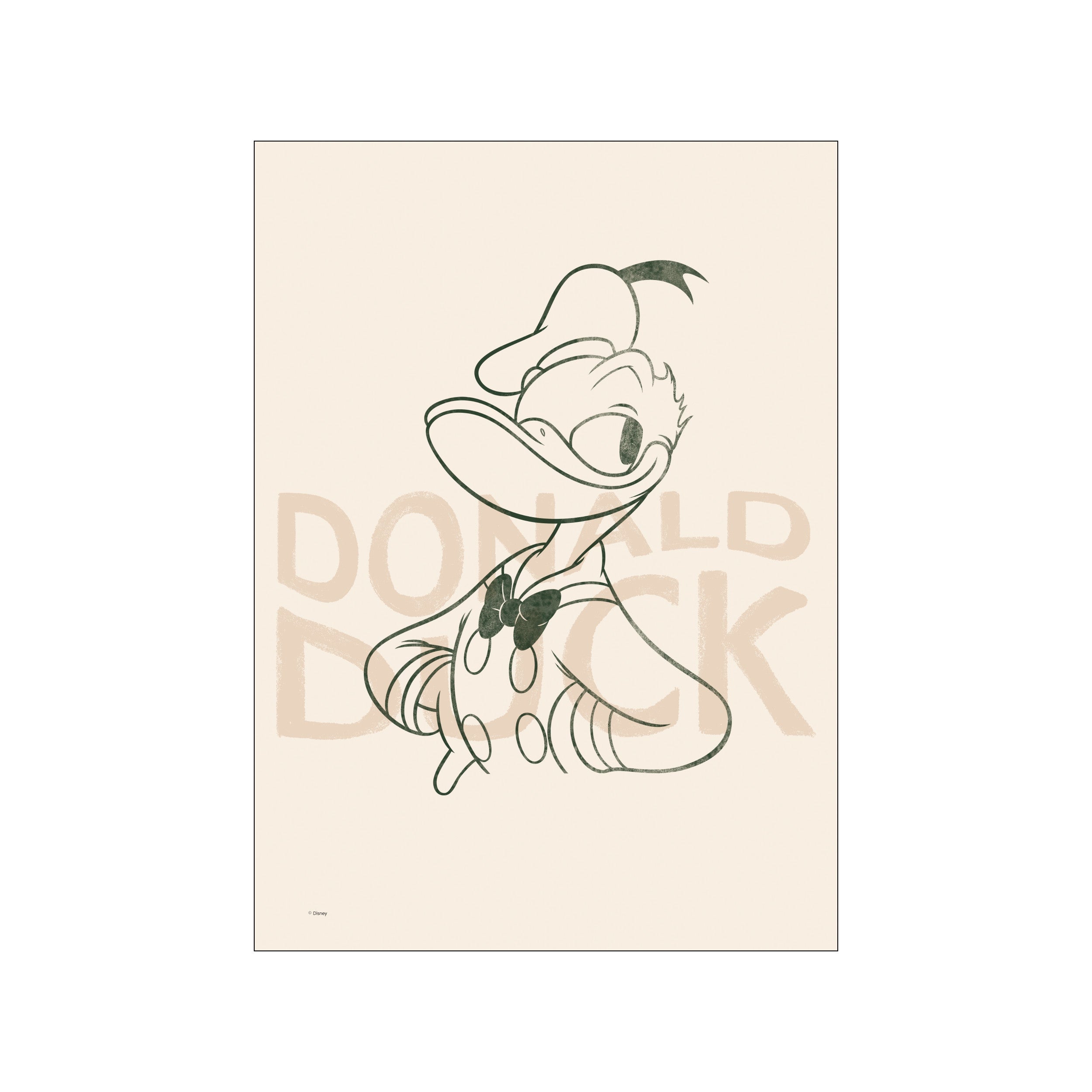 A vintage-inspired line drawing of Donald Duck in a dark teal green against a creamy beige background, with faint, large text 'DONALD DUCK' subtly overlaying the image.