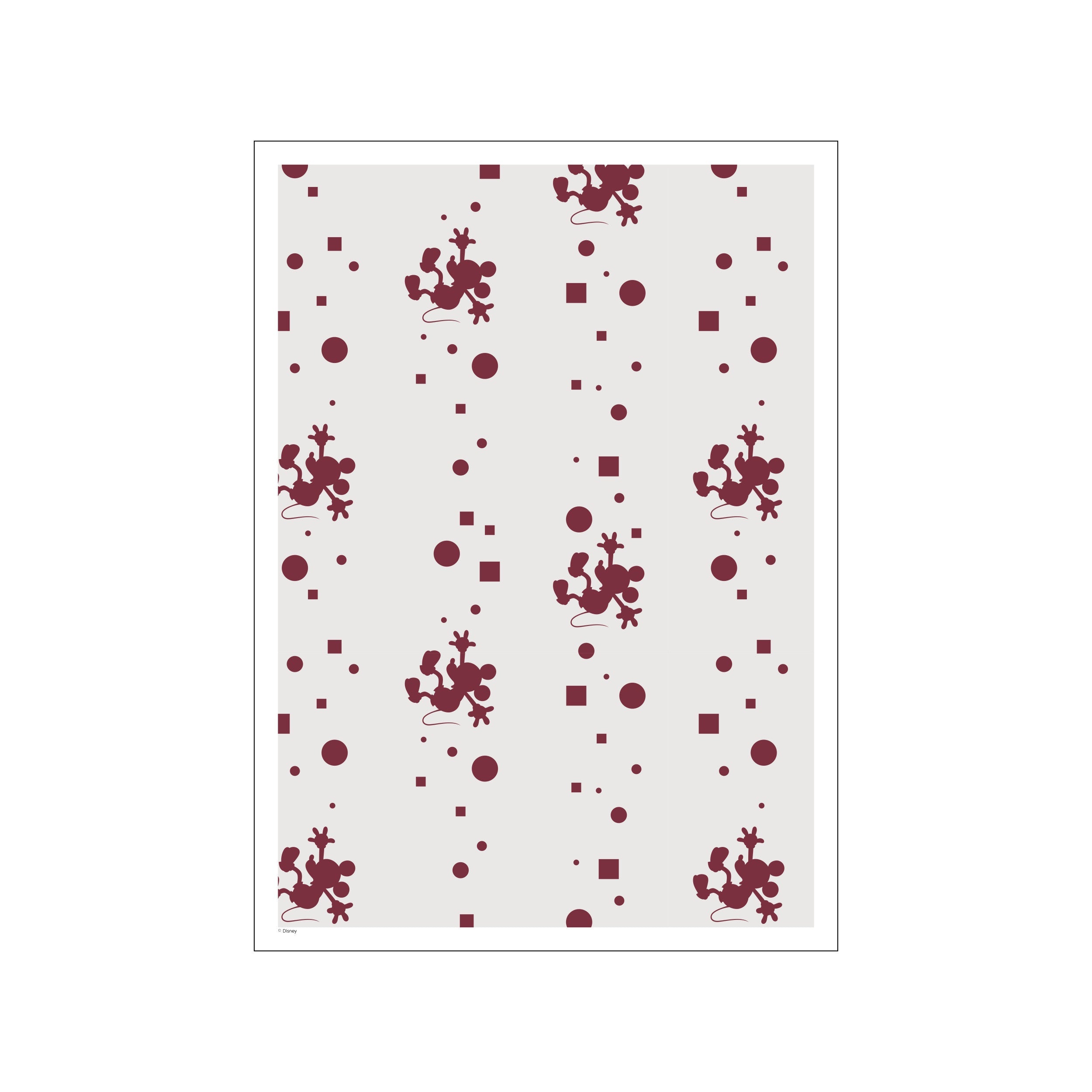 A repeating pattern featuring the silhouette of Mickey Mouse in a playful falling pose, interspersed with maroon dots and squares against a light grey background.