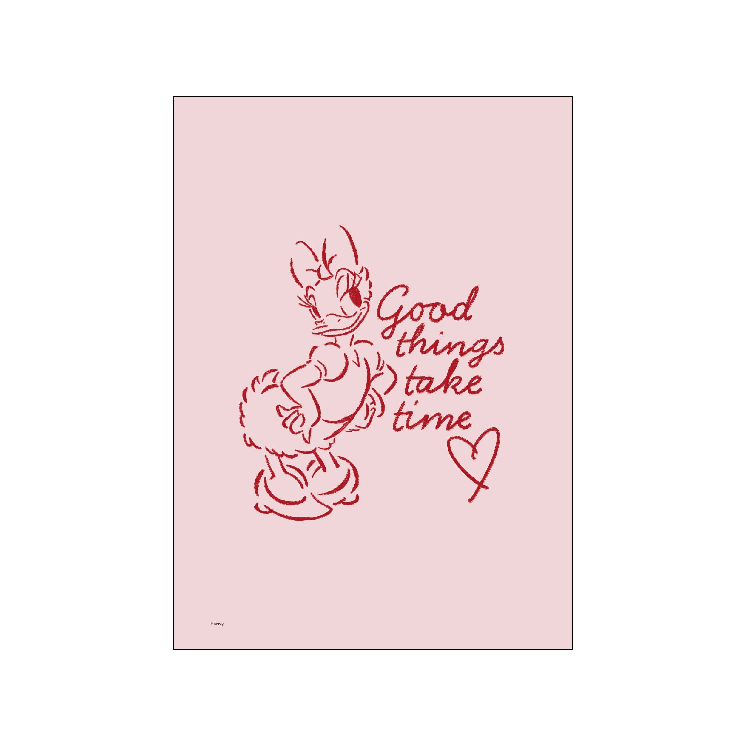 A charming illustration of Daisy Duck in outline form on a soft pink background. The text "Good things take time" is written in crimson script next to a small heart.