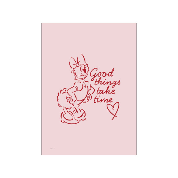 A charming illustration of Daisy Duck in outline form on a soft pink background. The text "Good things take time" is written in crimson script next to a small heart.