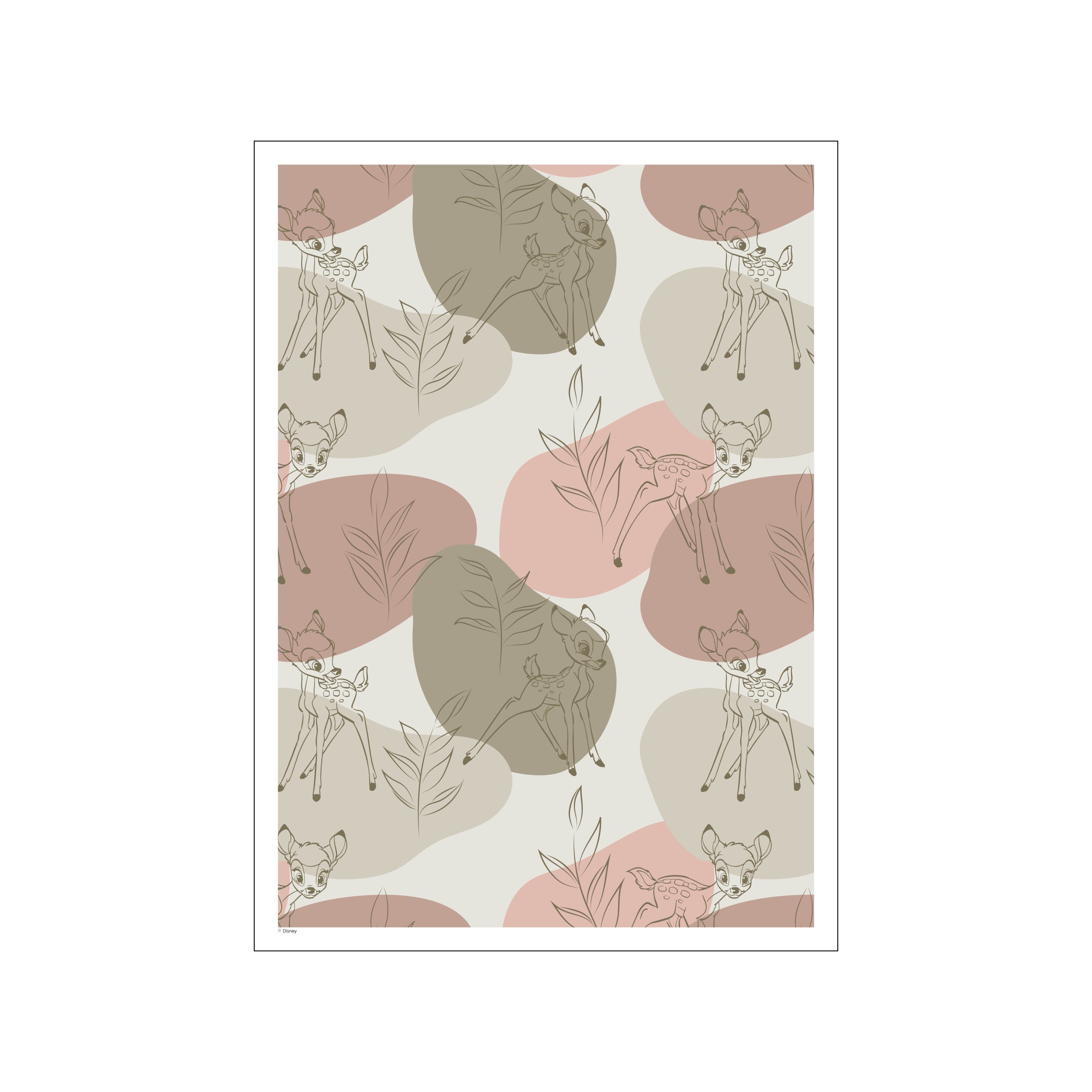 A line drawing of Bambi the deer with gentle, wide eyes, set against a pattern of soft, organic shapes in muted rose, taupe, and sage green, evoking a whimsical and serene forest atmosphere.