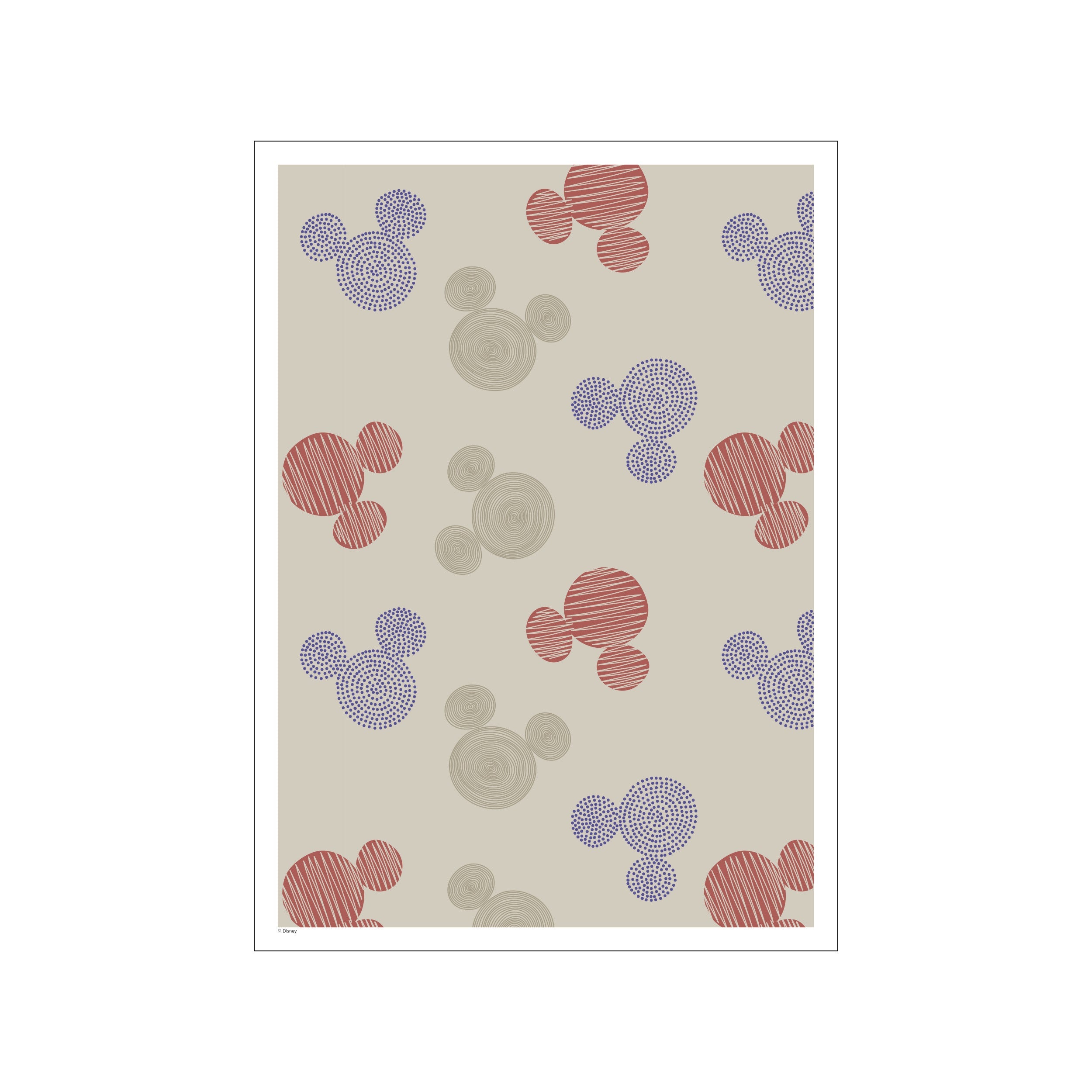 A charming pattern featuring Mickey Mouse silhouettes made of dots, scribbles, and concentric circles in muted red, blue, and taupe against a soft beige background, evoking a whimsical and cozy atmosphere.