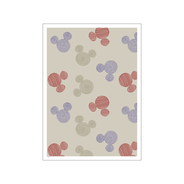 A charming pattern featuring Mickey Mouse silhouettes made of dots, scribbles, and concentric circles in muted red, blue, and taupe against a soft beige background, evoking a whimsical and cozy atmosphere.