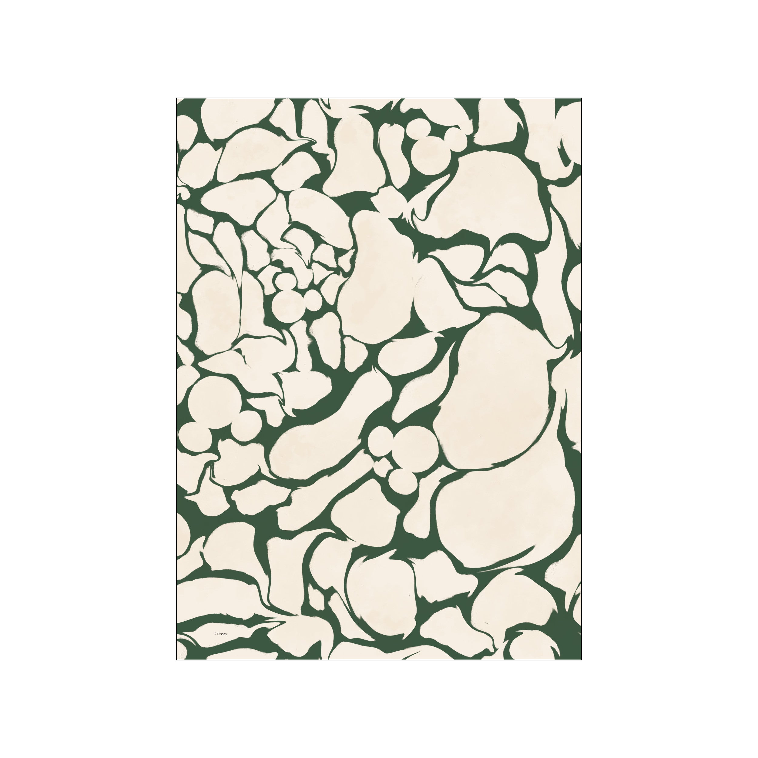 An abstract pattern featuring flowing, organic shapes in creamy ivory outlined by deep forest green. The playful design subtly incorporates Mickey Mouse ears, adding a whimsical touch.