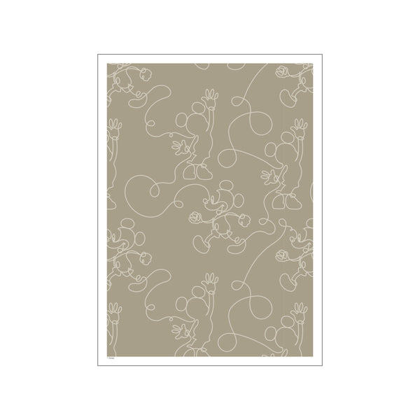 A charming pattern of Mickey Mouse figures drawn in thin, continuous white lines against a muted green-grey background. The lines suggest movement and playfulness, creating a whimsical yet sophisticated visual.