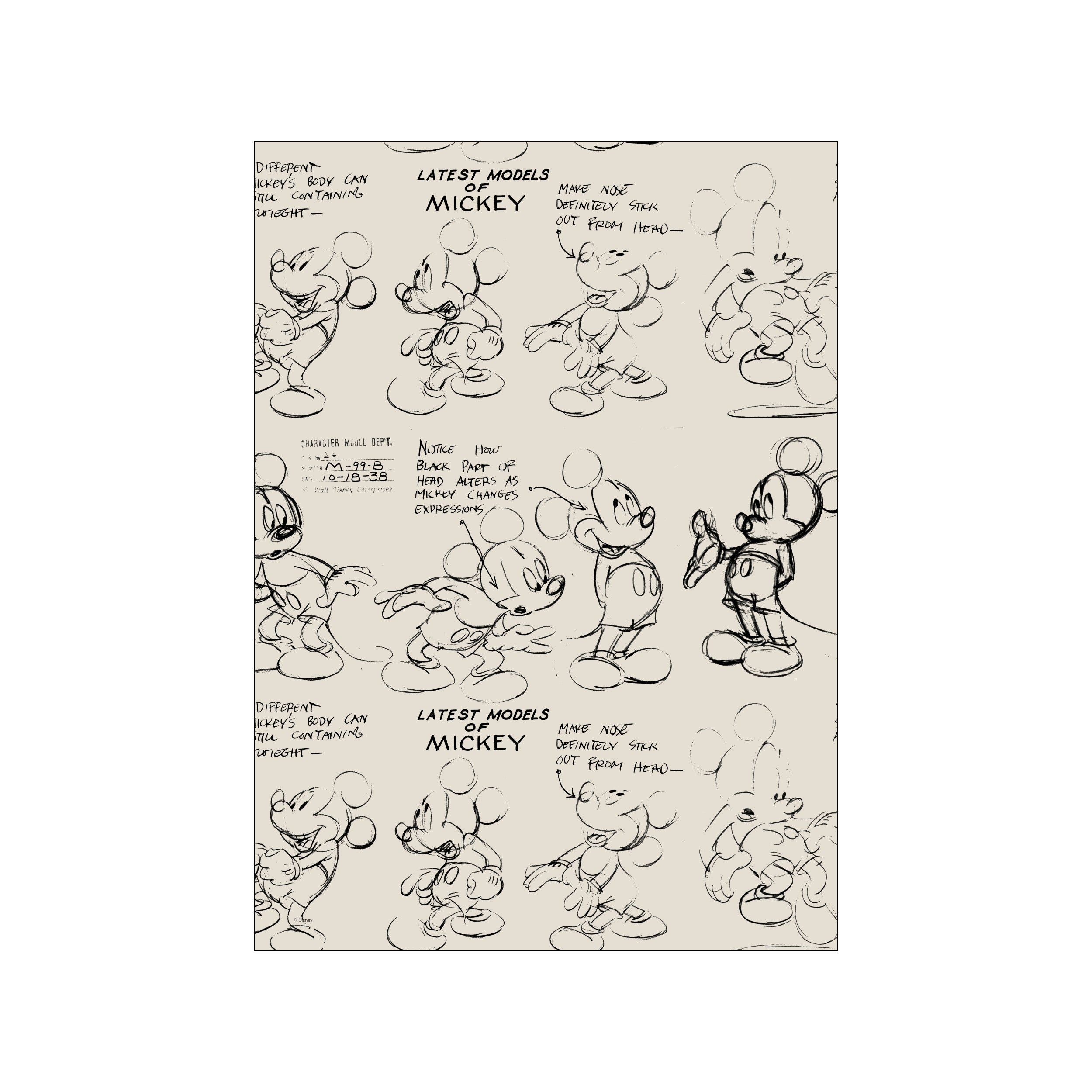 A collection of black ink sketches of Mickey Mouse in various poses and expressions on a soft, neutral background, evoking a sense of playful creativity and animation history.