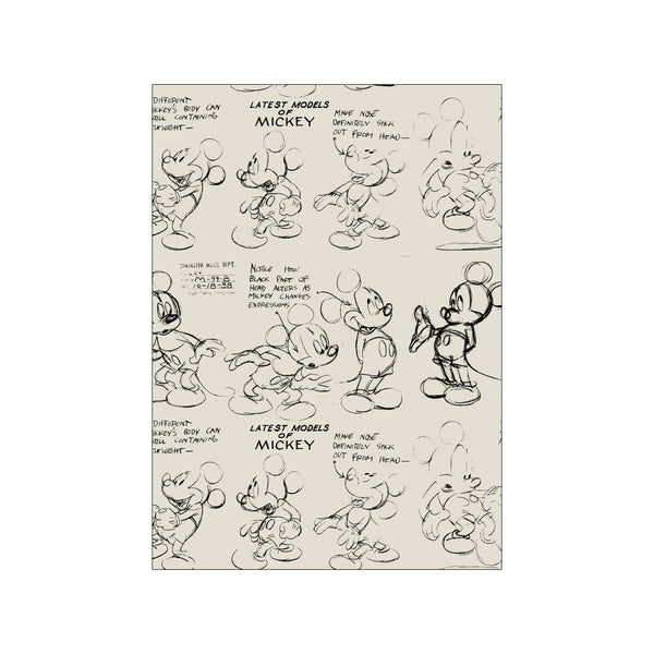 A collection of black ink sketches of Mickey Mouse in various poses and expressions on a soft, neutral background, evoking a sense of playful creativity and animation history.