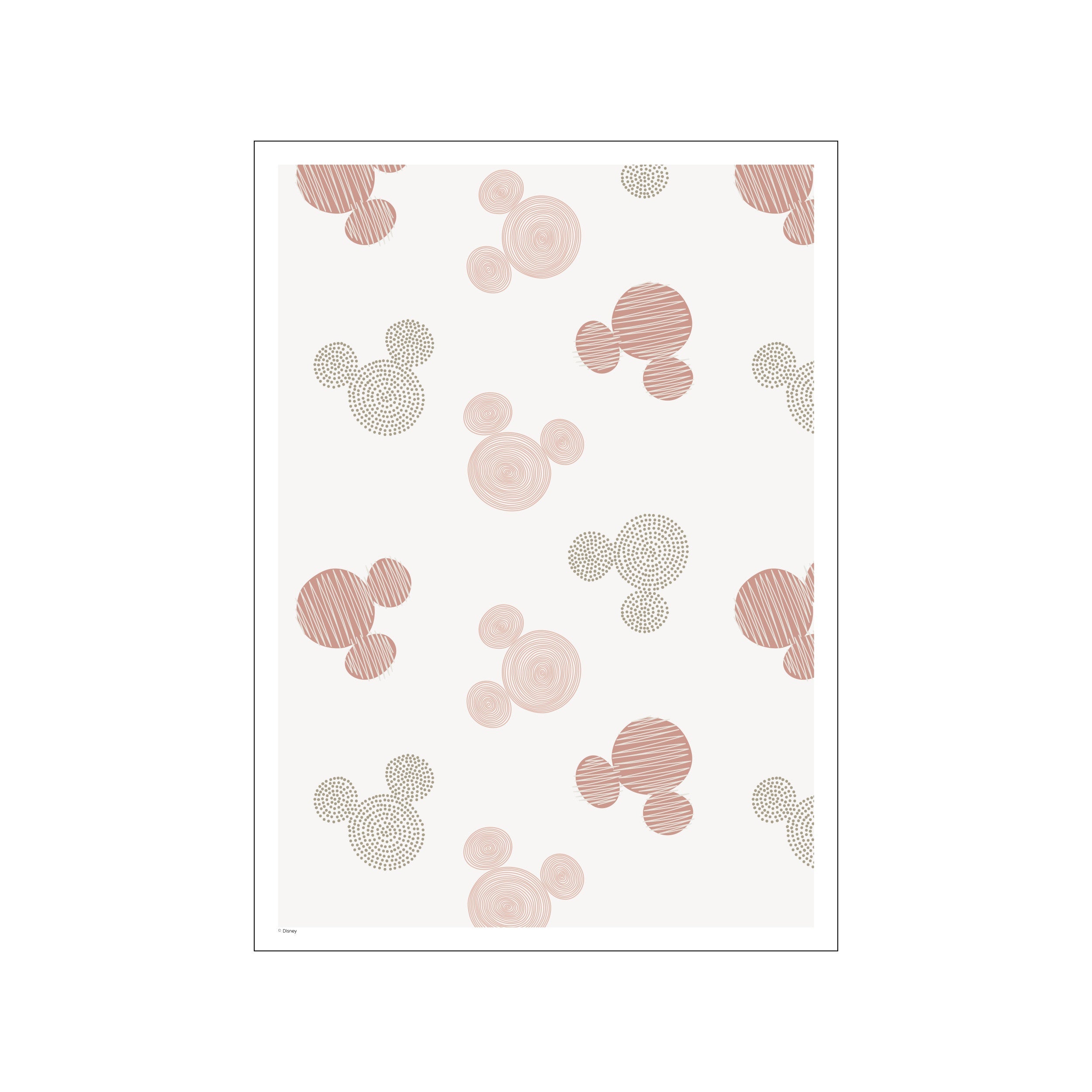 A beige background with a repeating pattern of Mickey Mouse icons. Some are rendered in a soft blush hue with sketched lines, others in muted sage with dotted textures.