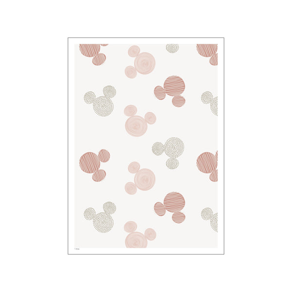 A beige background with a repeating pattern of Mickey Mouse icons. Some are rendered in a soft blush hue with sketched lines, others in muted sage with dotted textures.