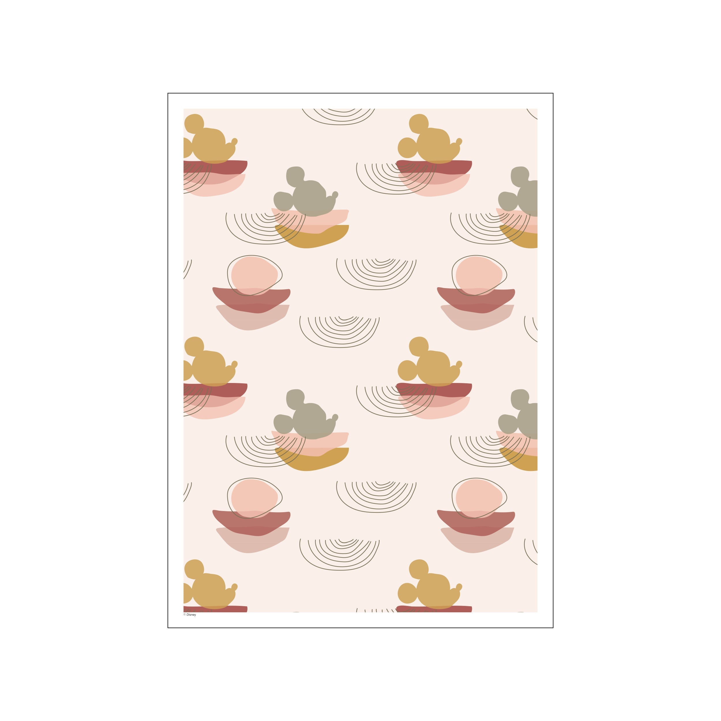 A repeating pattern of stylized Mickey Mouse silhouettes in muted gold, resting on abstract shapes of rose and sage. Delicate, curved lines add a gentle, whimsical touch to the creamy background, evoking a serene and.