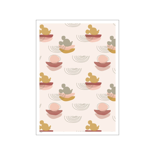 A repeating pattern of stylized Mickey Mouse silhouettes in muted gold, resting on abstract shapes of rose and sage. Delicate, curved lines add a gentle, whimsical touch to the creamy background, evoking a serene and.