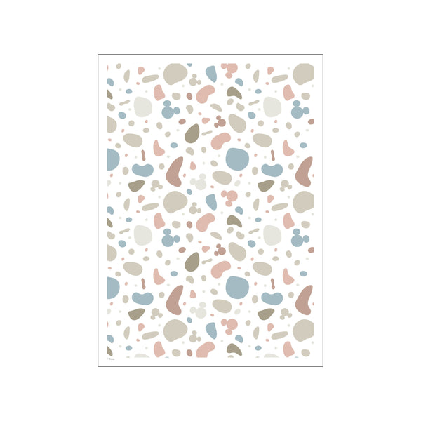 A whimsical art print featuring a scattered pattern of abstract shapes and tiny Mickey Mouse silhouettes in soft blush, muted blue, and gentle taupe colors on a white background.