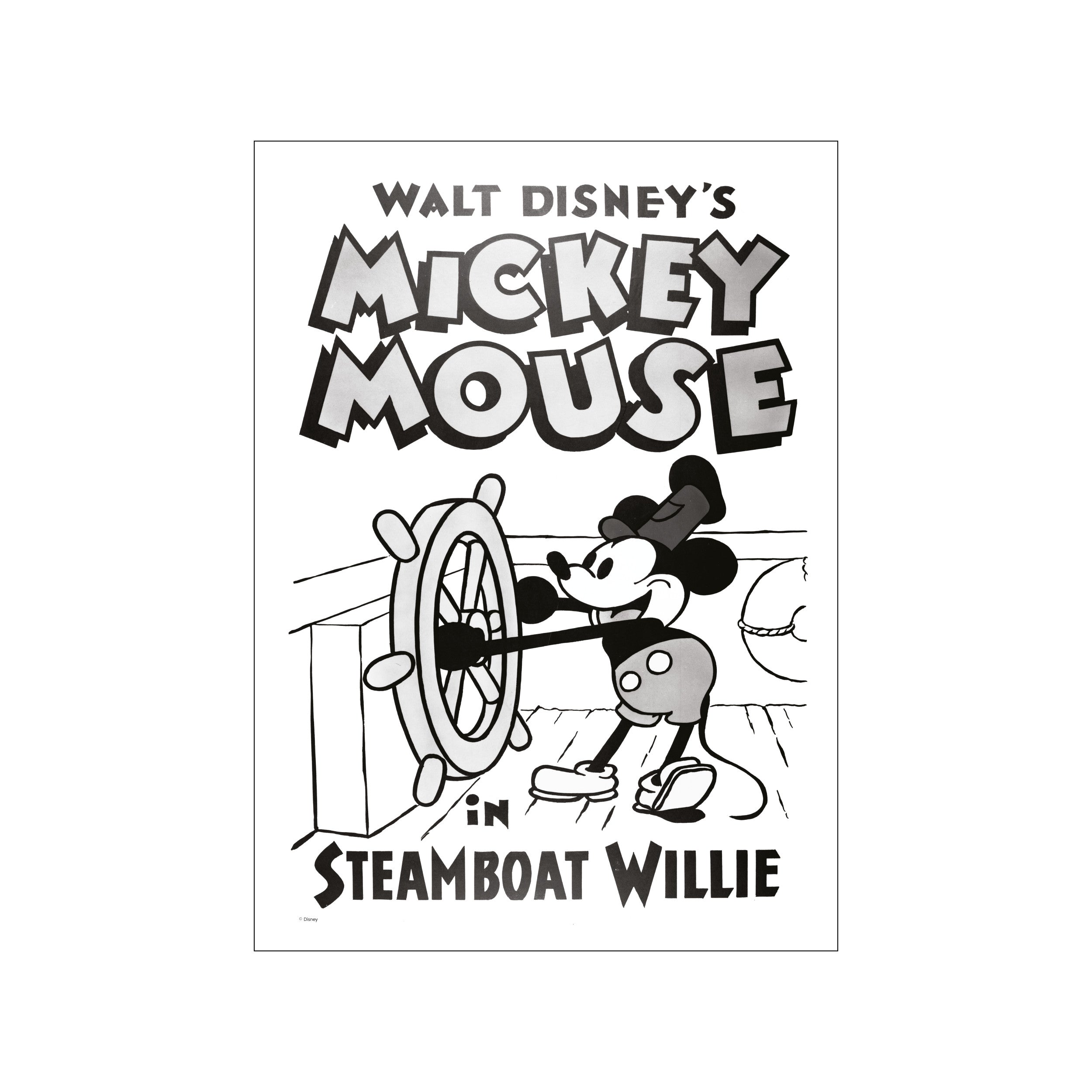 A black and white graphic artwork of Mickey Mouse grinning as he steers a ship's wheel, with the title 'Mickey Mouse in Steamboat Willie' prominently displayed. The style is classic animation.