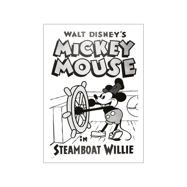 A black and white graphic artwork of Mickey Mouse grinning as he steers a ship's wheel, with the title 'Mickey Mouse in Steamboat Willie' prominently displayed. The style is classic animation.