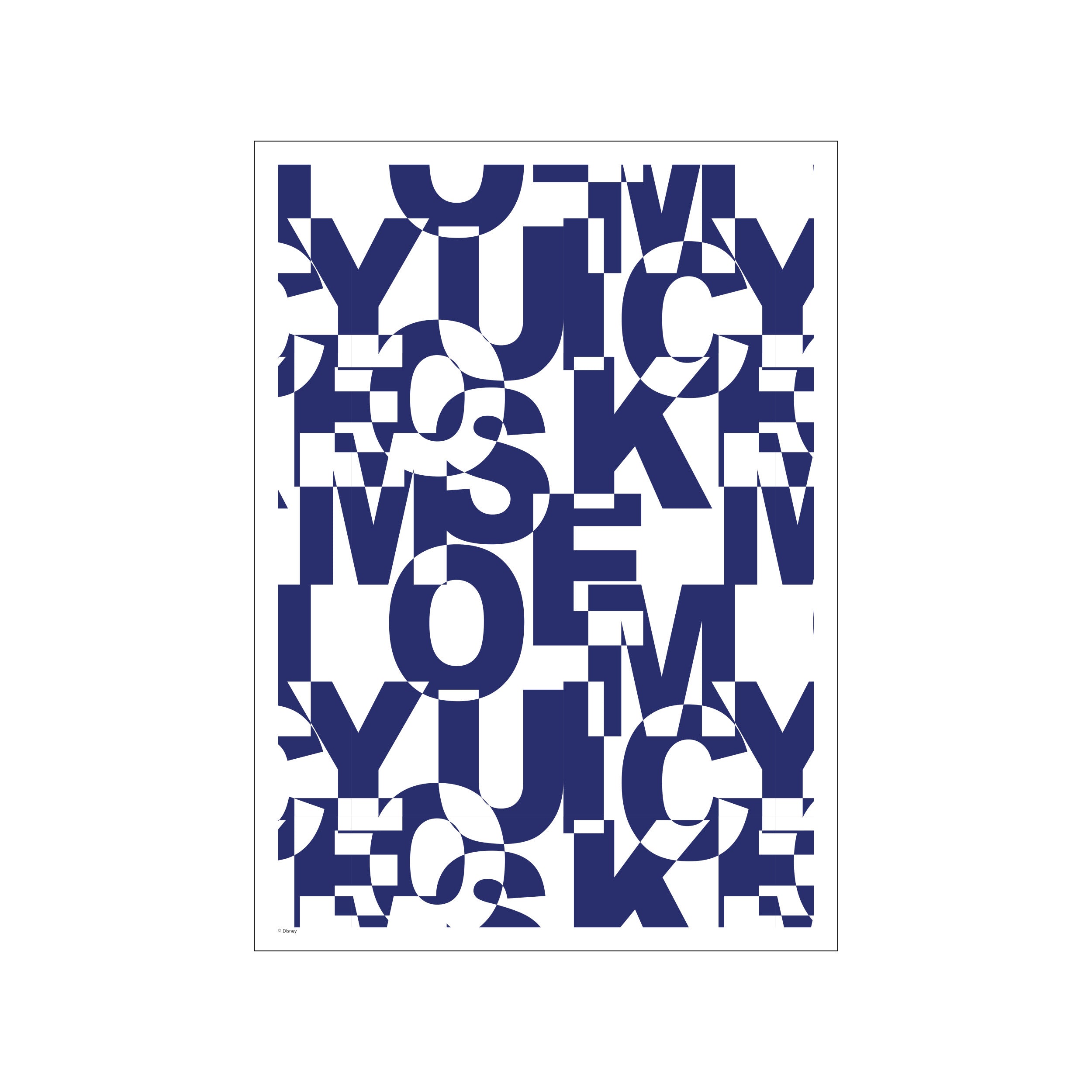 Bold indigo letters form a playful, abstract pattern against a white background, reminiscent of vintage typography and modern graphic design. Adds a touch of whimsy to any room.
