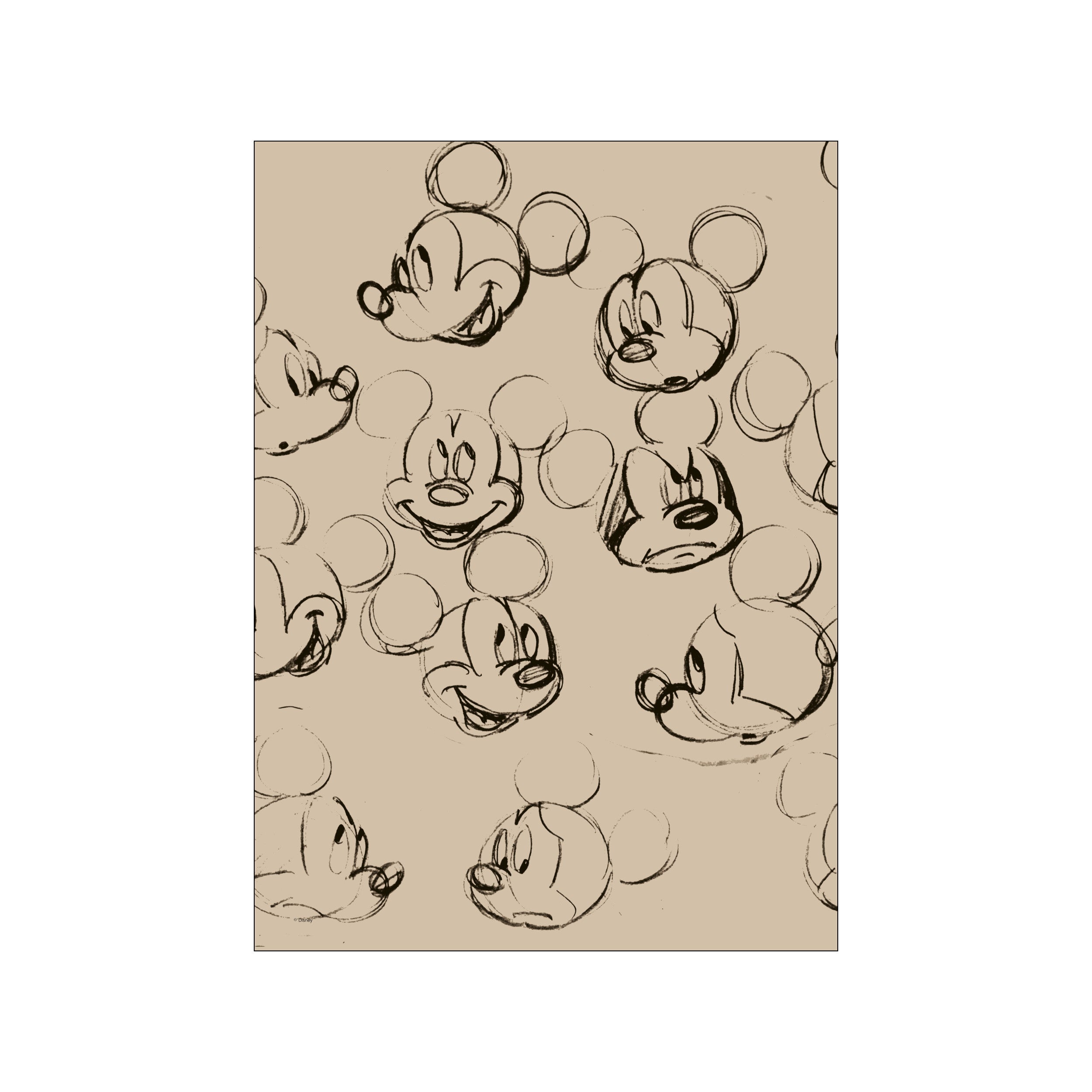 A collection of sketched faces of Mickey Mouse in various playful expressions, rendered in bold charcoal lines against a warm, light brown background, evoking a vintage animation feel.