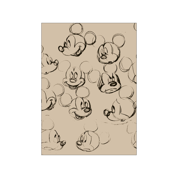 A collection of sketched faces of Mickey Mouse in various playful expressions, rendered in bold charcoal lines against a warm, light brown background, evoking a vintage animation feel.