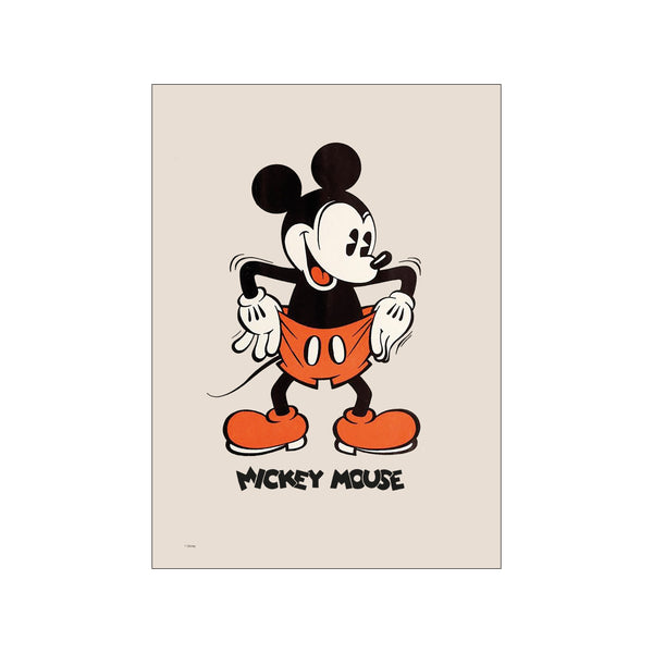 A vintage illustration of Mickey Mouse from Disney, depicted with his classic smile and iconic orange shorts, set against a soft, neutral background. The artwork conveys a sense of playful nostalgia.
