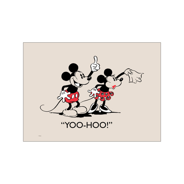Mickey and Minnie Mouse in vintage animation style, with Mickey pointing upwards and Minnie waving a handkerchief, on a soft beige background with the text 'Yoo-hoo!' below.