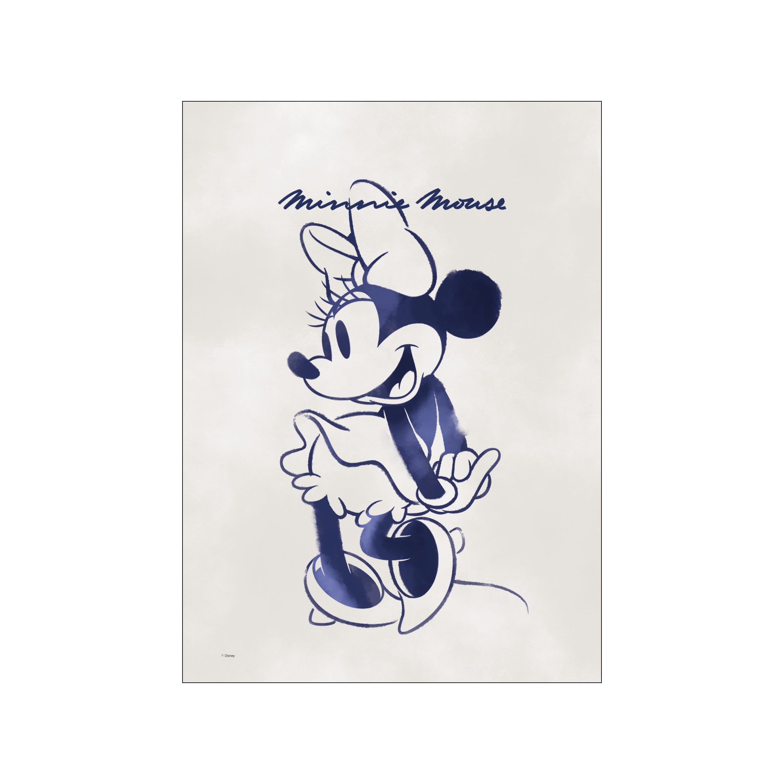 A watercolor-style illustration of Minnie Mouse in deep blue against a textured, light grey background, with her name written in a flowing blue script above her head. Captures a joyful, classic vibe.