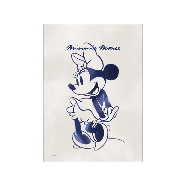 A watercolor-style illustration of Minnie Mouse in deep blue against a textured, light grey background, with her name written in a flowing blue script above her head. Captures a joyful, classic vibe.
