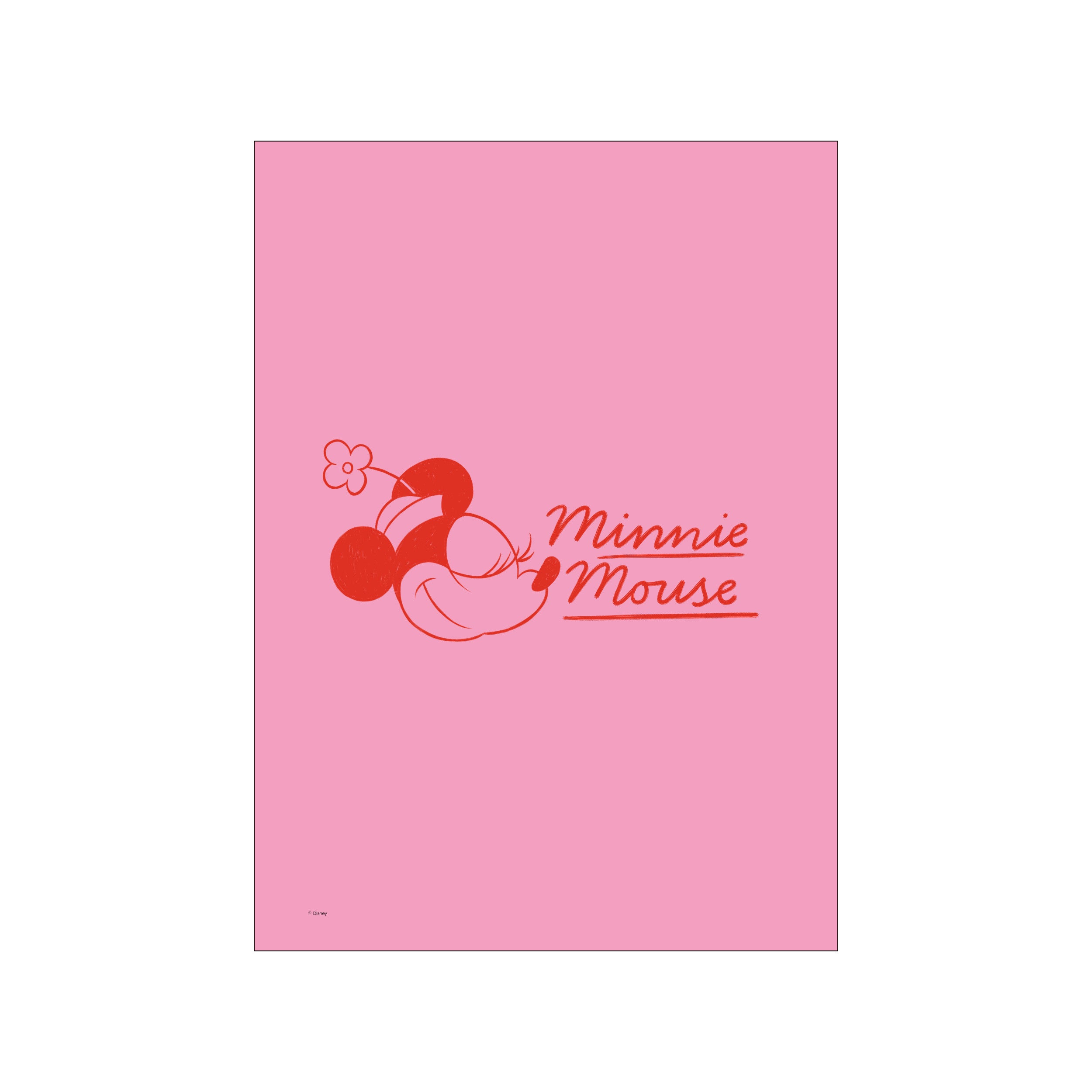 A coral red graphic illustration of Minnie Mouse's face and the words "Minnie Mouse" on a solid blush pink background, with a small flower accent.