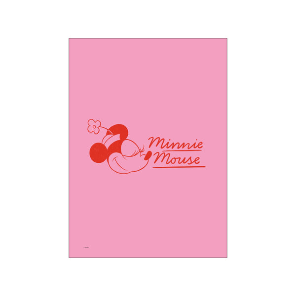 A coral red graphic illustration of Minnie Mouse's face and the words "Minnie Mouse" on a solid blush pink background, with a small flower accent.