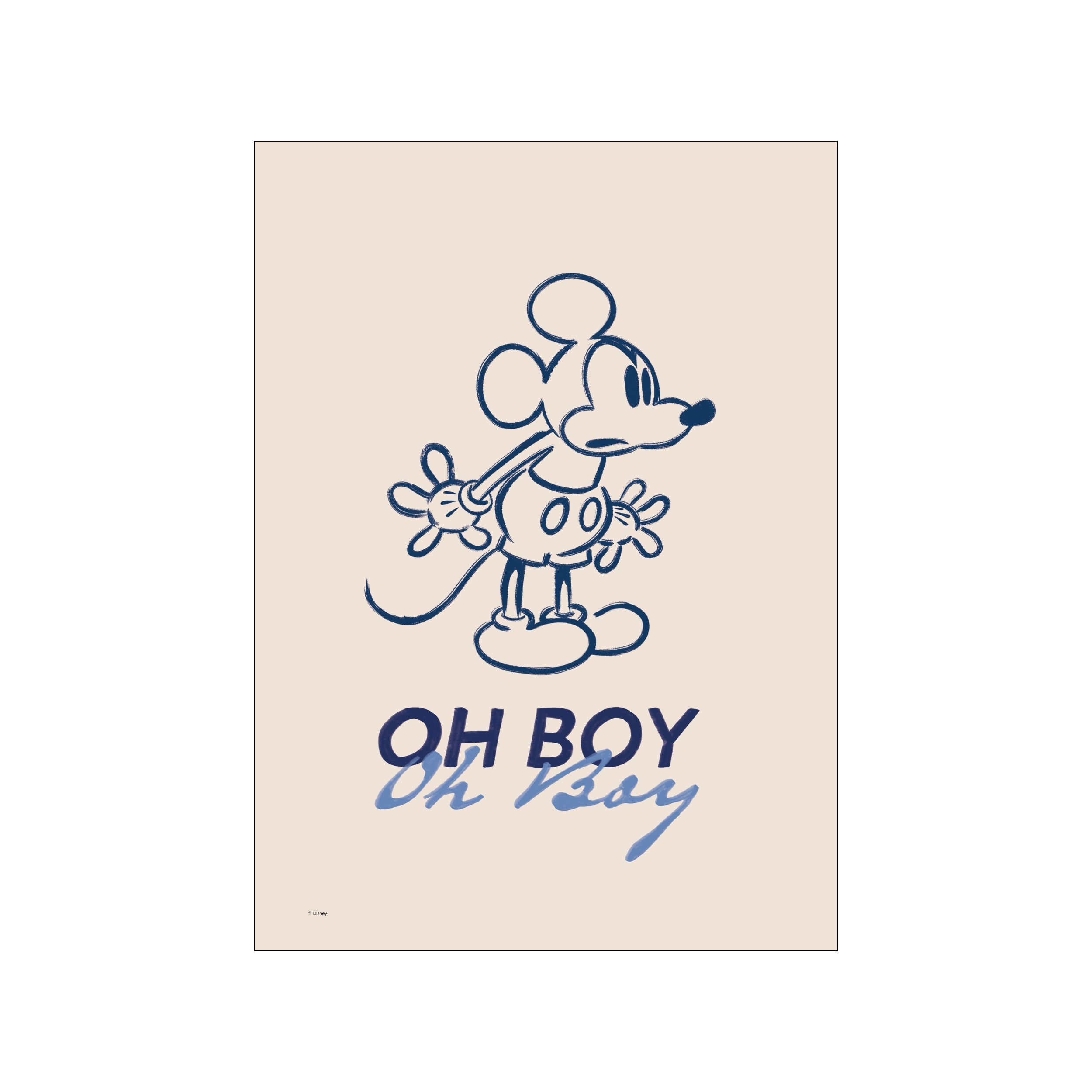 A sketch of Mickey Mouse in navy blue against a creamy background, with the words "OH BOY" below him. The style is playful and reminiscent of classic animation, adding a whimsical vibe.