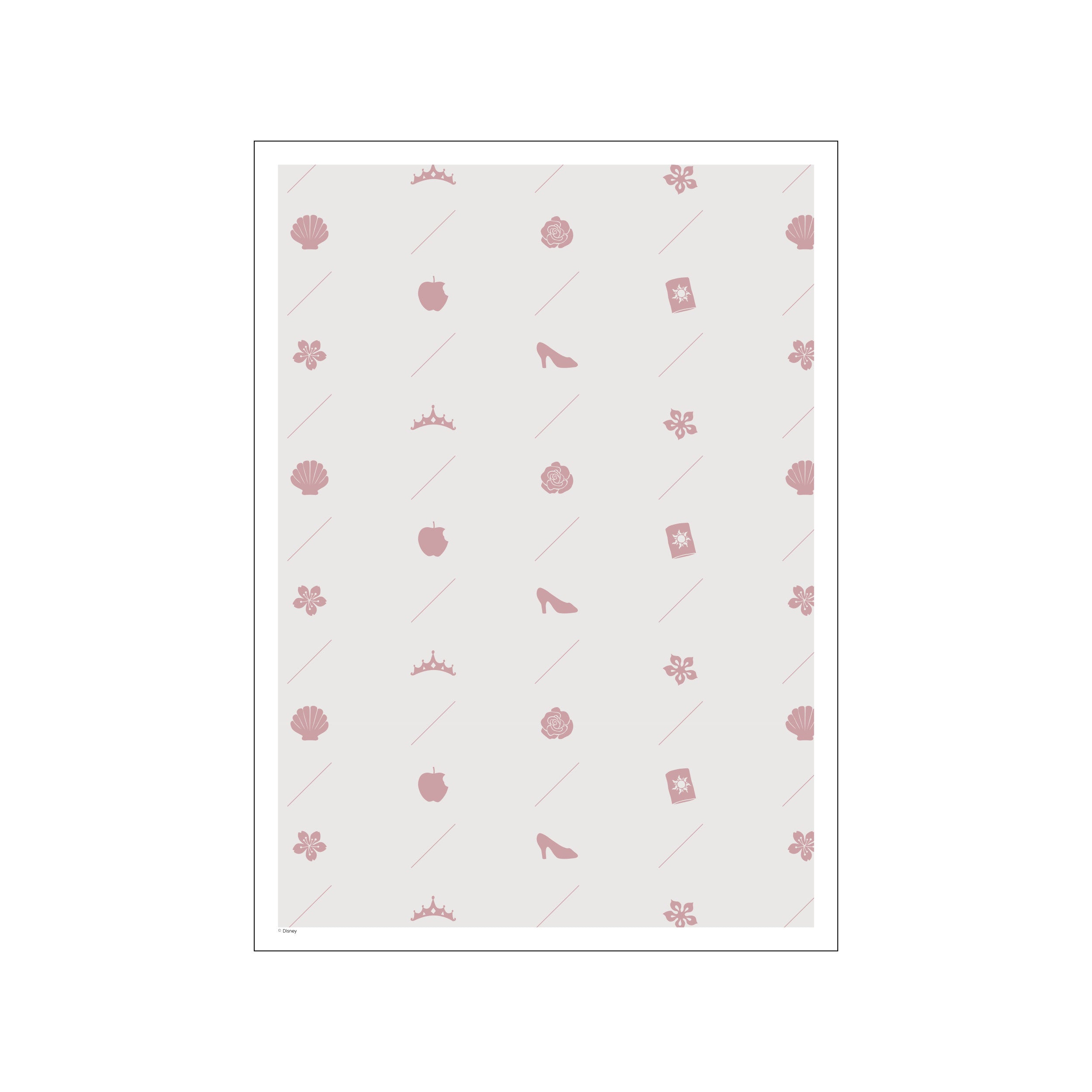 A light grey background is covered in a repeating pattern of small, charming pink icons including crowns, apples, shells, flowers, glass slippers, and Rapunzel's lantern, with thin diagonal lines. A subtle Disney copyright mark is.