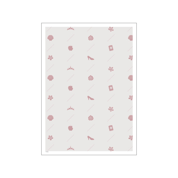 A light grey background is covered in a repeating pattern of small, charming pink icons including crowns, apples, shells, flowers, glass slippers, and Rapunzel's lantern, with thin diagonal lines. A subtle Disney copyright mark is.