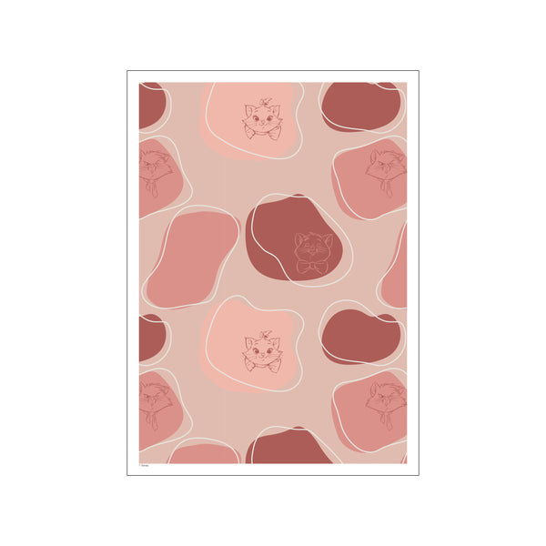 A charming illustration featuring outlines of Aristocat kittens with bows against a background of abstract, flowing shapes in blush, rose, and terracotta colors.