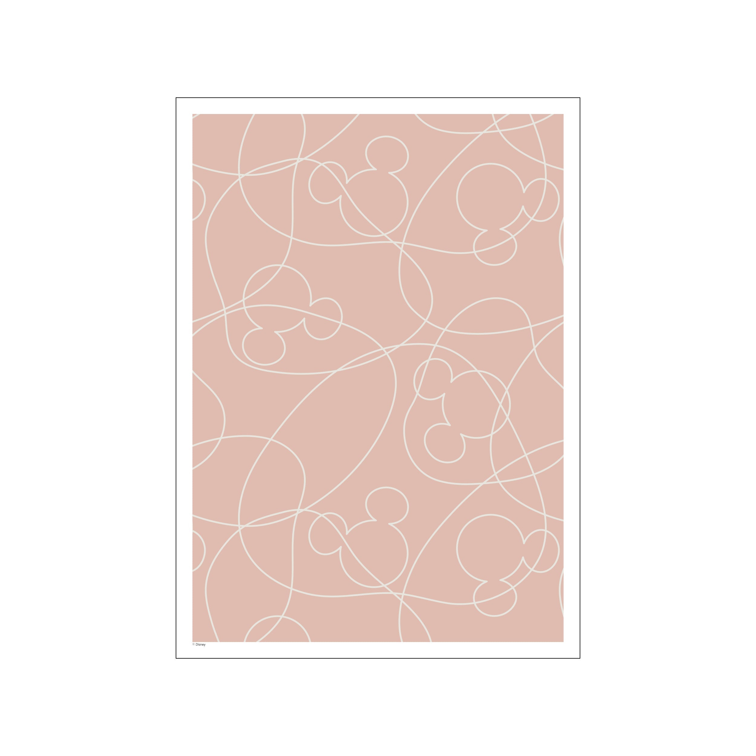 An abstract pattern featuring repeated outlines of Mickey Mouse's head in a creamy white against a muted blush pink background, suggesting a playful yet sophisticated vibe.