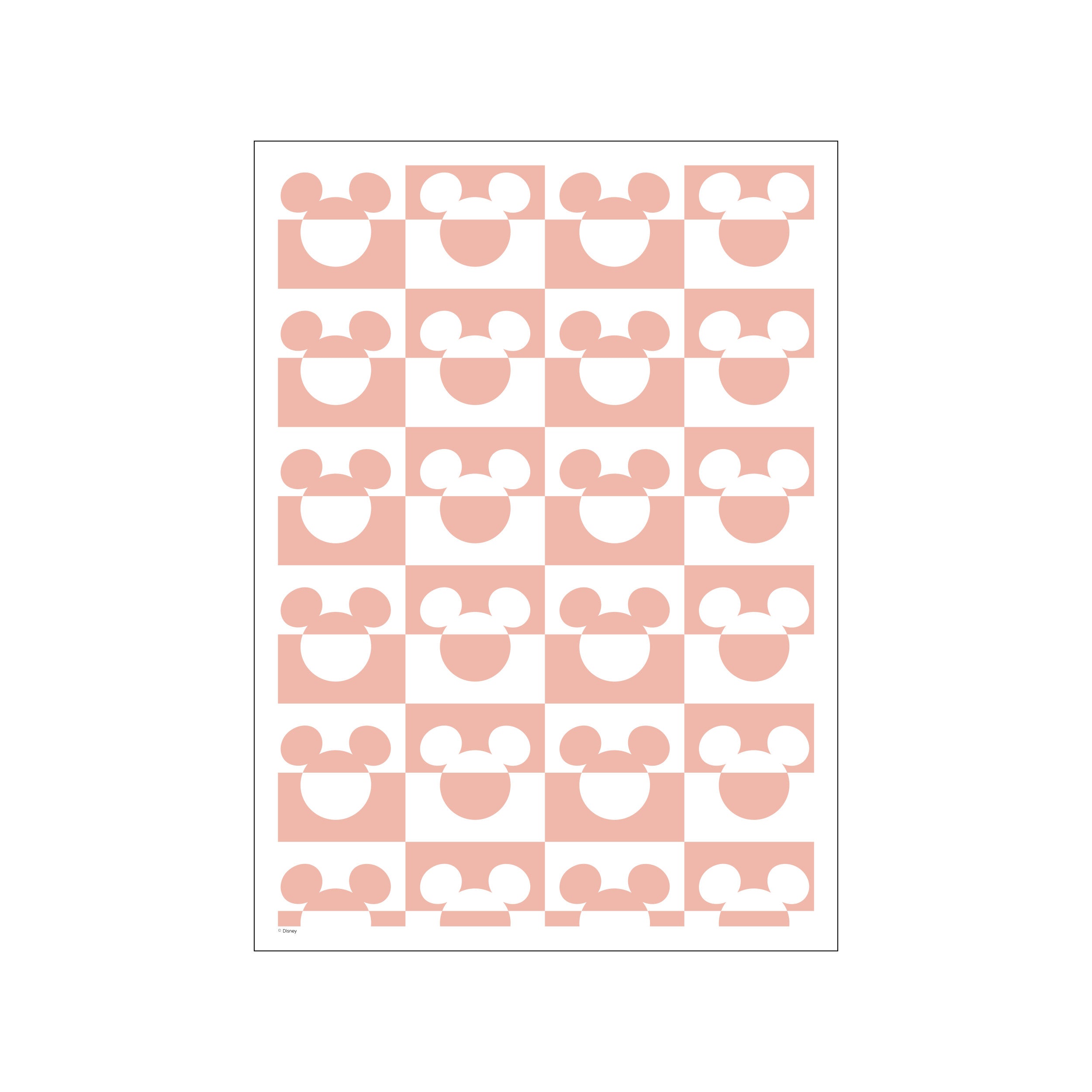 A playful pattern of Mickey Mouse heads in alternating squares of soft pink and white, creating a charming and whimsical visual for a modern or eclectic interior design.