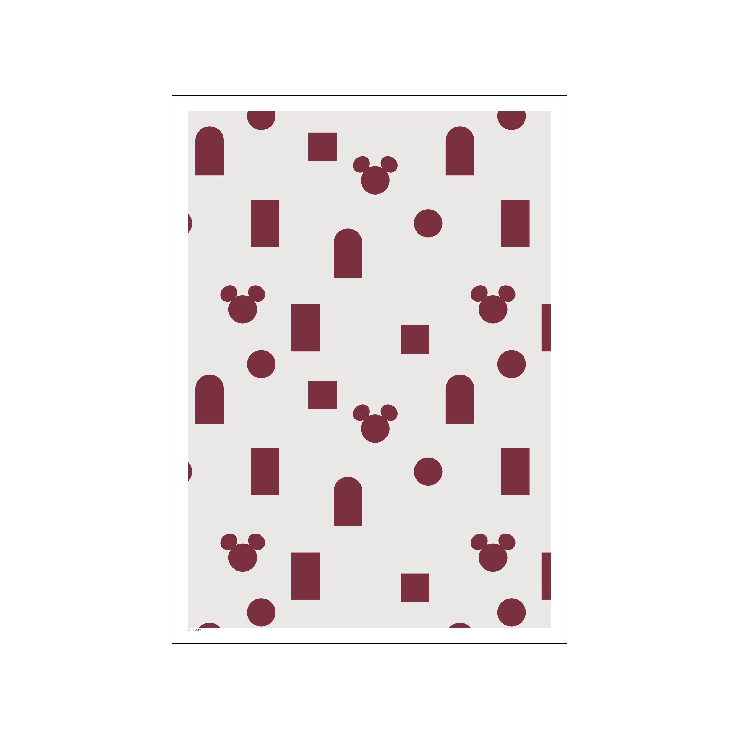 A graphic art composition featuring a repeating pattern of abstract shapes and iconic Mickey Mouse silhouettes in deep red against a pale grey background, evoking a playful yet sophisticated feel.