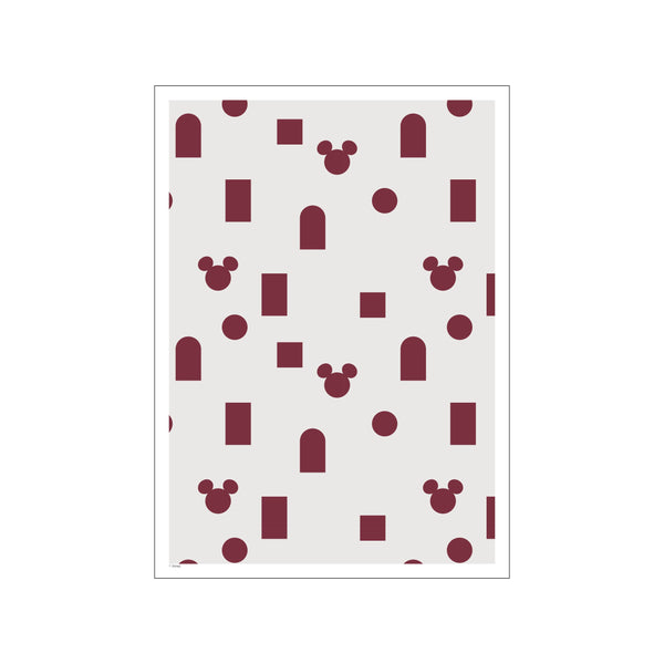 A graphic art composition featuring a repeating pattern of abstract shapes and iconic Mickey Mouse silhouettes in deep red against a pale grey background, evoking a playful yet sophisticated feel.