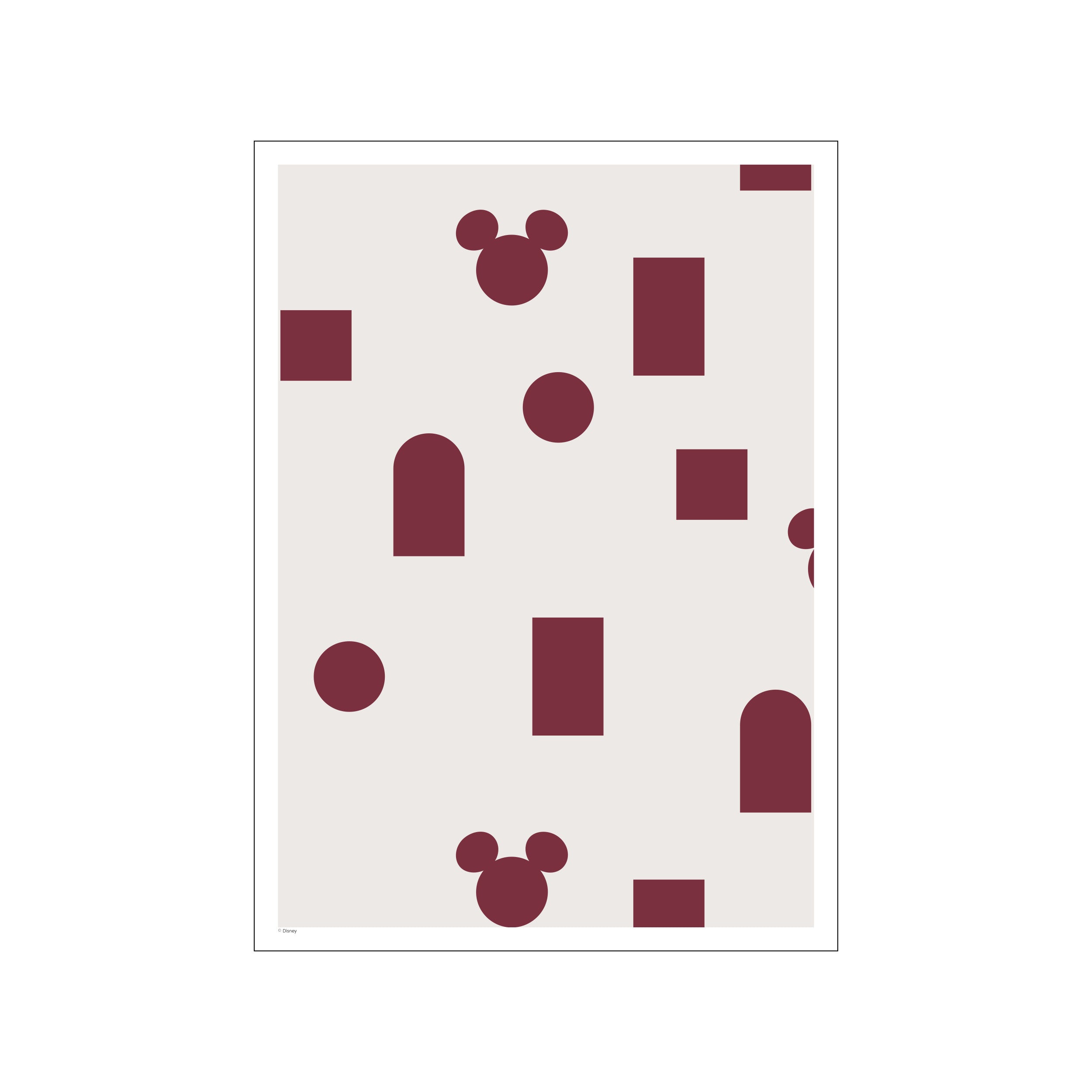 A modern art piece with a light cream background. Scattered across it are repeating burgundy shapes: Mickey Mouse heads, circles, rectangles, and rounded rectangles, arranged in a visually pleasing, abstract pattern.