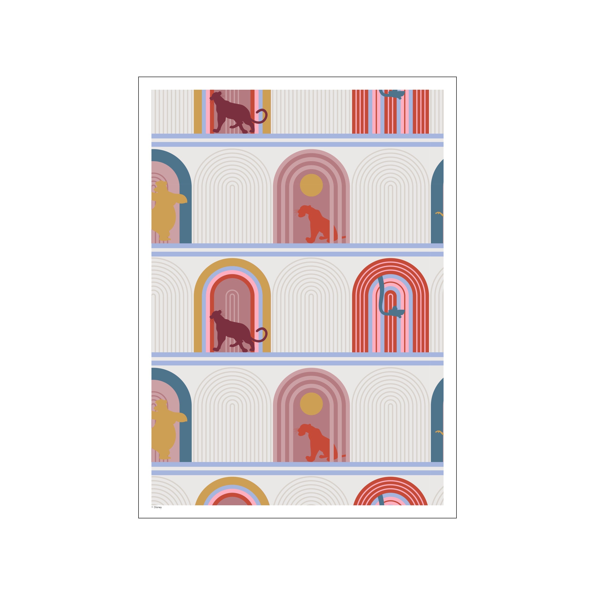 Stylized jungle animals like panthers and elephants are depicted within abstract rainbow arches and striped backdrops in a palette of warm terracotta, dusty rose, mustard yellow, and serene blue.