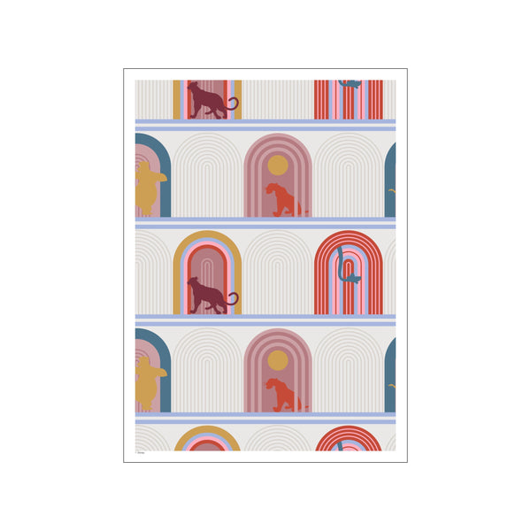 Stylized jungle animals like panthers and elephants are depicted within abstract rainbow arches and striped backdrops in a palette of warm terracotta, dusty rose, mustard yellow, and serene blue.