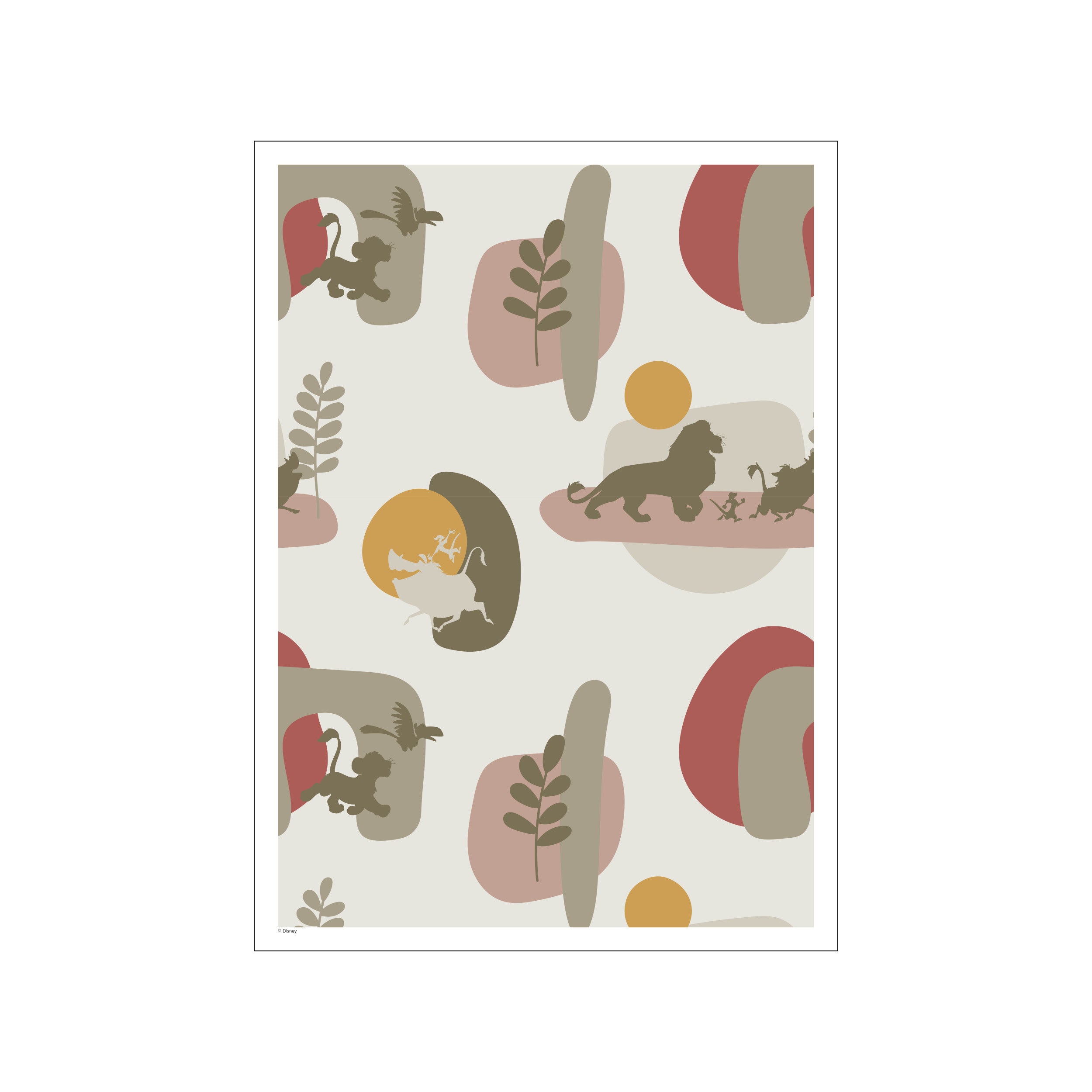 A charming graphic artwork inspired by Disney's The Lion King, showcasing silhouetted characters like Simba and Timon, set against a backdrop of abstract organic shapes and a soothing palette of greens, rust, and earth tones.