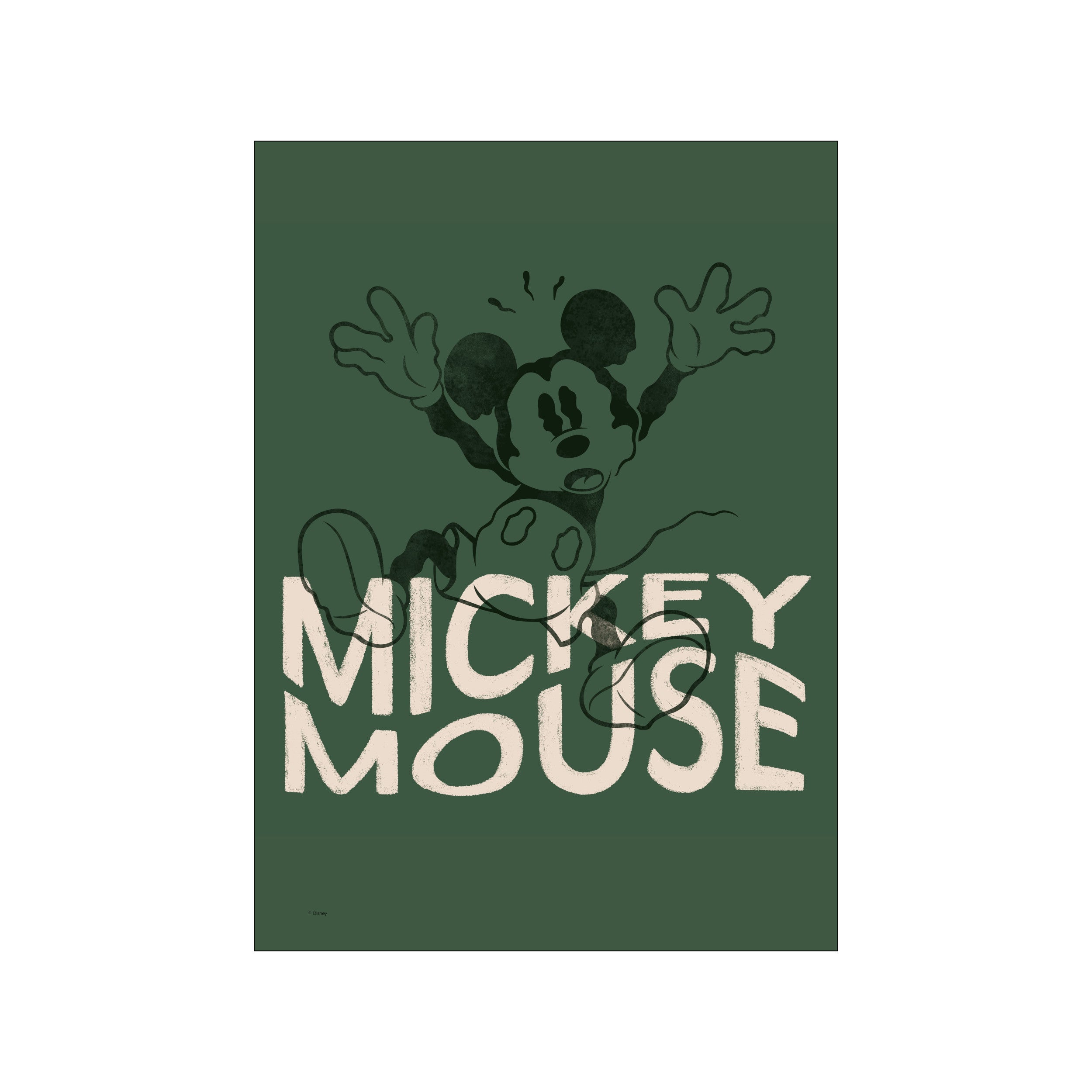 Mickey Mouse in a dynamic, jumping pose against a deep green background, with his name in distressed cream lettering. Evokes a whimsical, nostalgic, and serene mood.