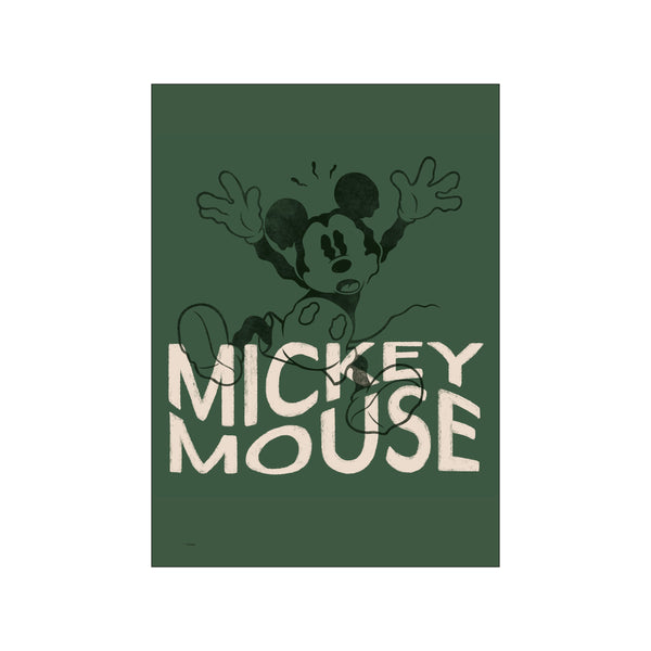 Mickey Mouse in a dynamic, jumping pose against a deep green background, with his name in distressed cream lettering. Evokes a whimsical, nostalgic, and serene mood.