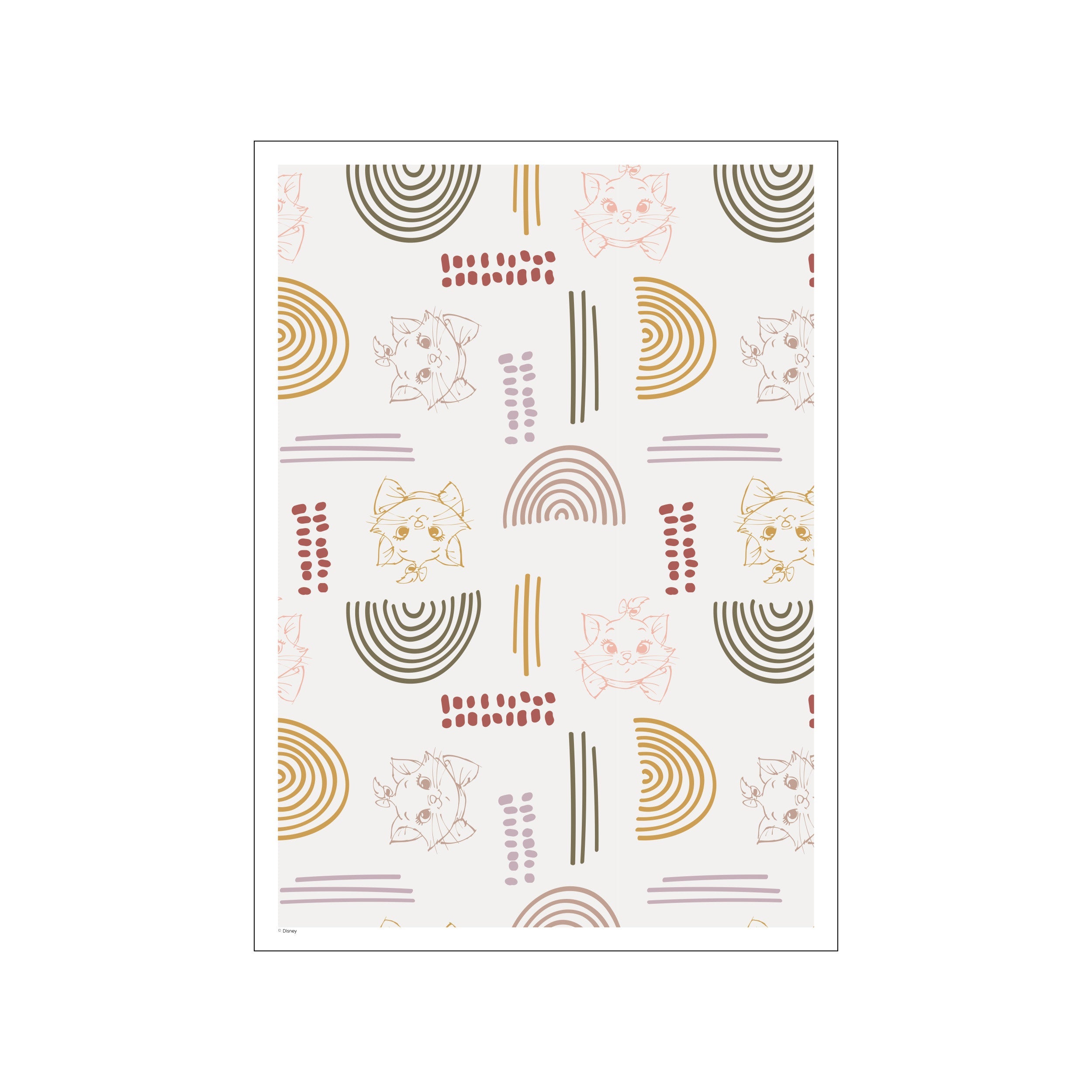 A whimsical art piece featuring sketched outlines of Aristocat kittens with bows, interspersed with abstract graphic elements like arcs, dots, and lines in a soft, warm color palette on a light background.