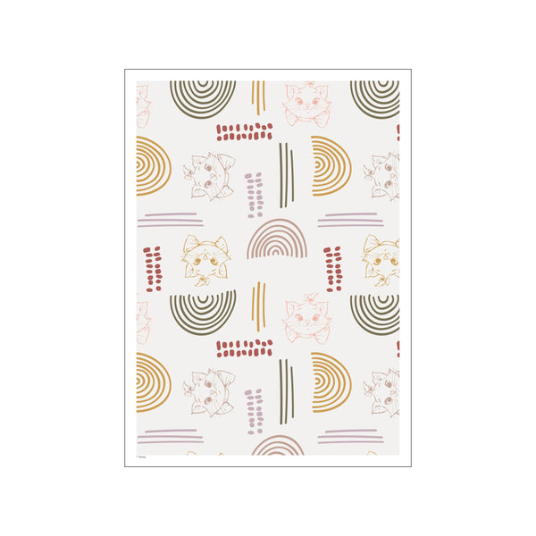 A whimsical art piece featuring sketched outlines of Aristocat kittens with bows, interspersed with abstract graphic elements like arcs, dots, and lines in a soft, warm color palette on a light background.