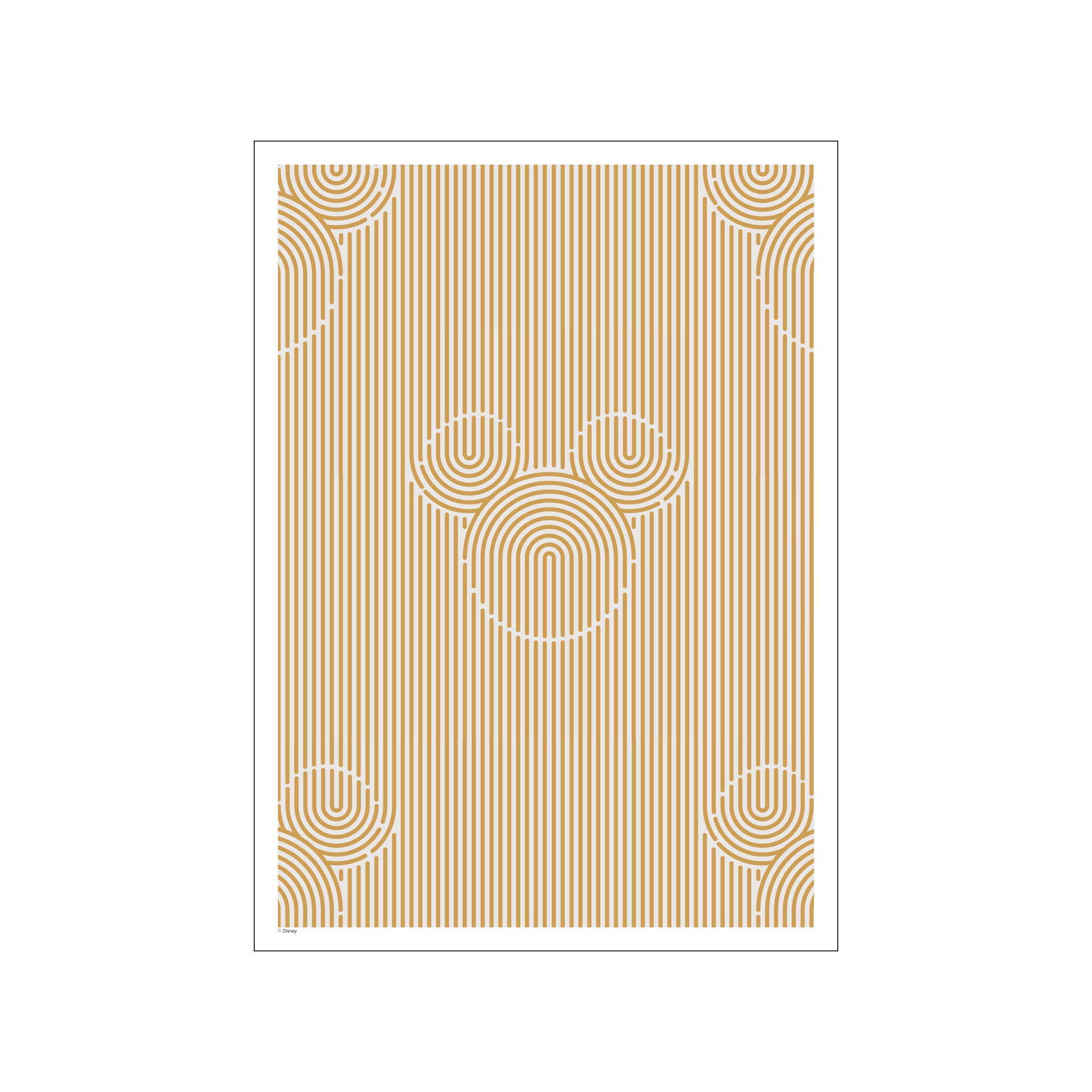 A minimalist art piece featuring the silhouette of Mickey Mouse ears created from concentric arcs and surrounded by vertical golden stripes on a cream background, evoking a playful and sophisticated vibe.