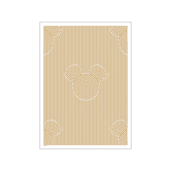 A minimalist art piece featuring the silhouette of Mickey Mouse ears created from concentric arcs and surrounded by vertical golden stripes on a cream background, evoking a playful and sophisticated vibe.